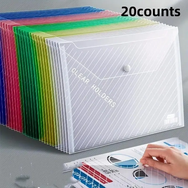 Random Color File Bag, 20pcs Portable Dustproof A4 File Folder with Button, Office Stationery & Supplies for Worker & Students, Paper Organizers