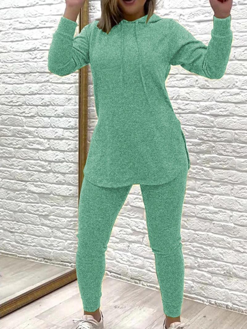 Product Introduction of Women's Solid Drop Shoulder Hooded Loungewear Two-piece Set, Casual Comfy Long Sleeve Pullover & Pocket Pants for Daily Wear, Women's Sleepwear for Fall & Winter 3