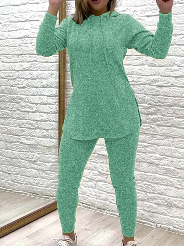 Women's Solid Drop Shoulder Hooded Loungewear Two-piece Set, Casual Comfy Long Sleeve Pullover & Pocket Pants for Daily Wear, Women's Sleepwear for Fall & Winter 2