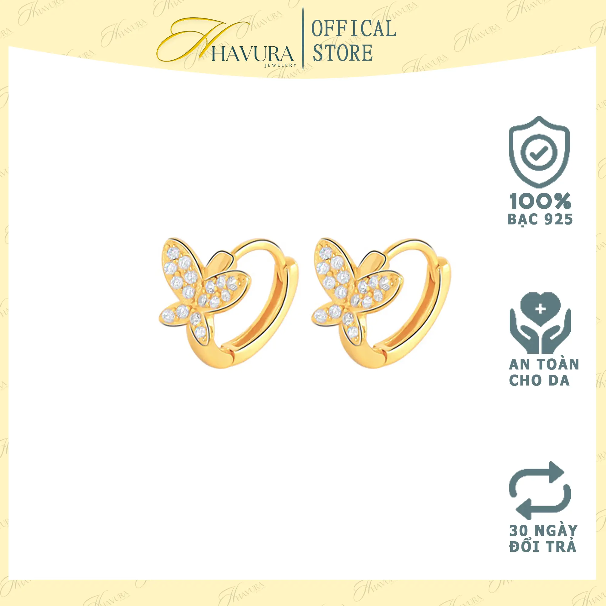 Bông tai nữ HAVURA, khuyên tai nữ bạc 925 mạ vàng - thiết kế cánh bướm đính đá quý sang trọng M065526
