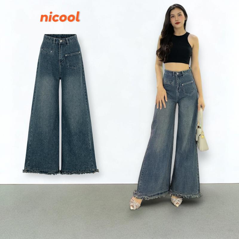 Quần Jean Nữ Suông ỐNG LOE RỘNG Tua Rua Lưng Cao Nicool N41-Q34 Pants Women Pants