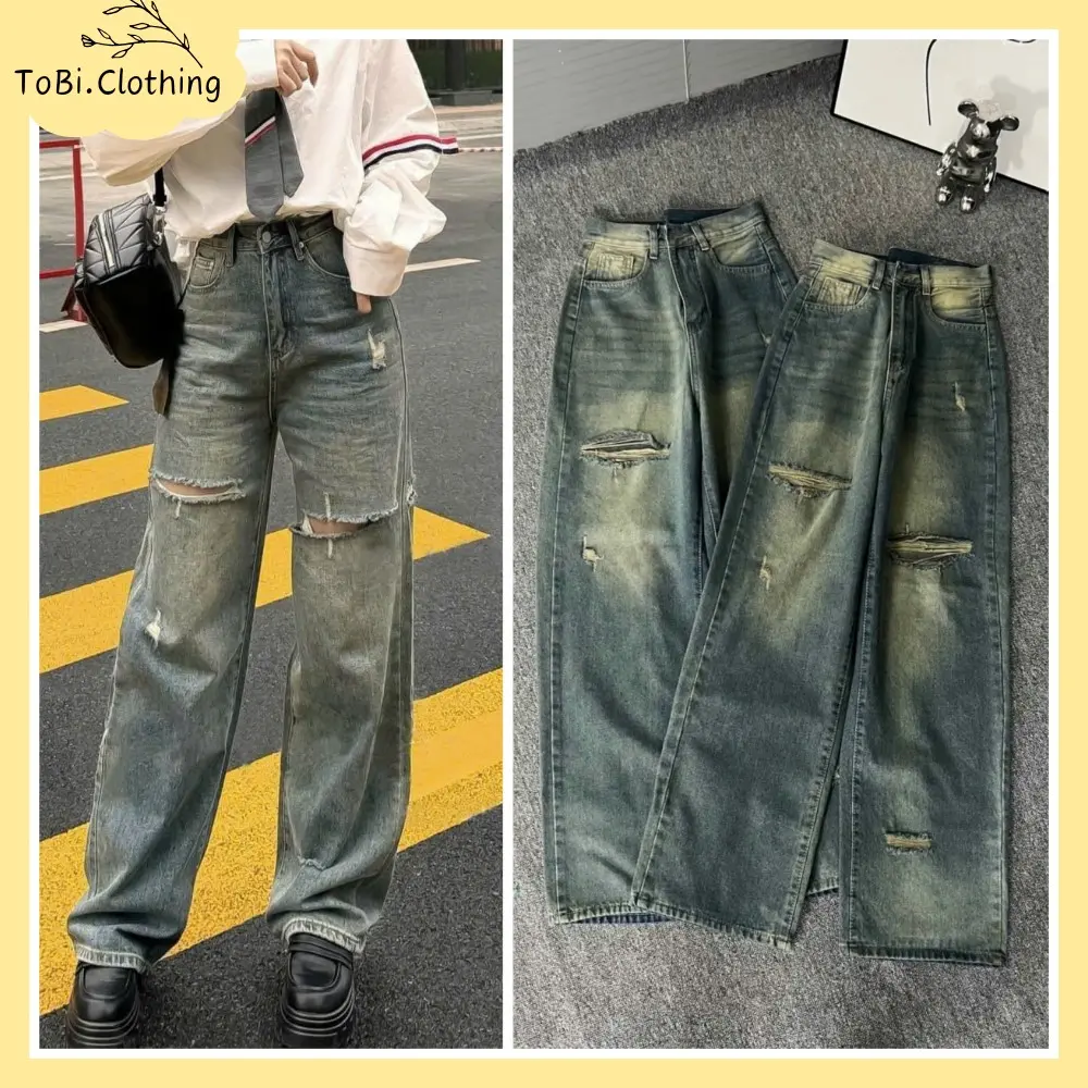 Quần bò jean nữ ống suông rách gối cơ bản màu xanh trầm - 5640 - Women