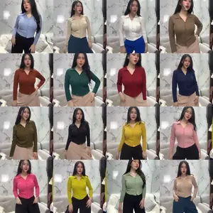 [Estetik_Store] Kemeja Polo Lorry Lengan panjang 3 Ukuran - Baju Polo Kancing Wanita - Atasan Rib Polos - Baju Knit - Estetikstore