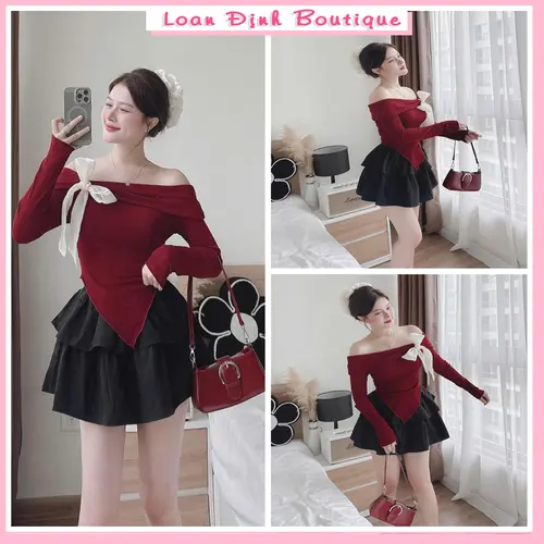 Set Váy Áo Đỏ Thắt Nơ Lệch Vai Dài Tay Vạt Chéo Chân Váy Xòe Bồng Tầng Dress Nữ Top Women Loan Định Boutique LD088 Loang Loang
