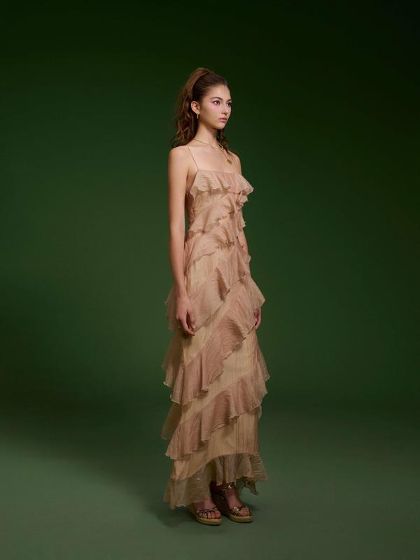 Váy dài hai dây tơ lụa xếp tầng màu nâu - Isabella Dress 3