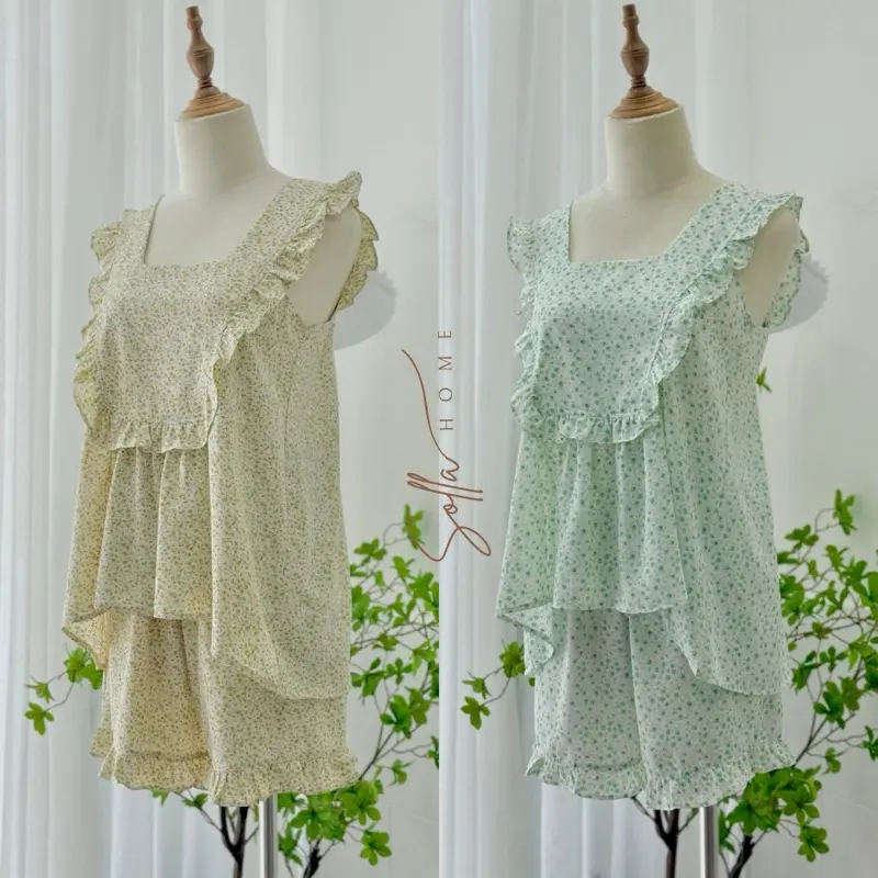 SOLLA HOME - Bộ Mặc Nhà Nữ Hai Dây Phối Bèo Lụa Hàn Hoạ Tiết Hoa Nhí