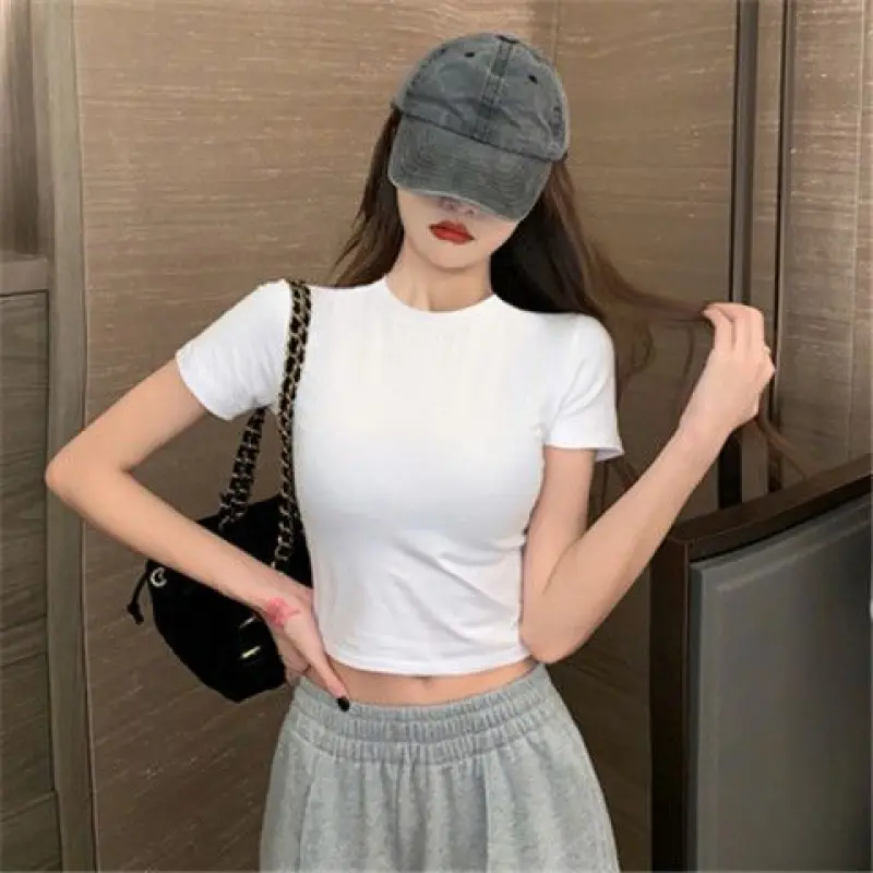 Áo Phông Trắng, ngắn Tay Áo Nữ, Mỏng Vừa Vặn, Dễ Phối Đồ, Màu Trơn Tay Lửng Áo, Quần Áo Hàng Đầu, Hàng Mới Về Cho Mùa Hè 2025