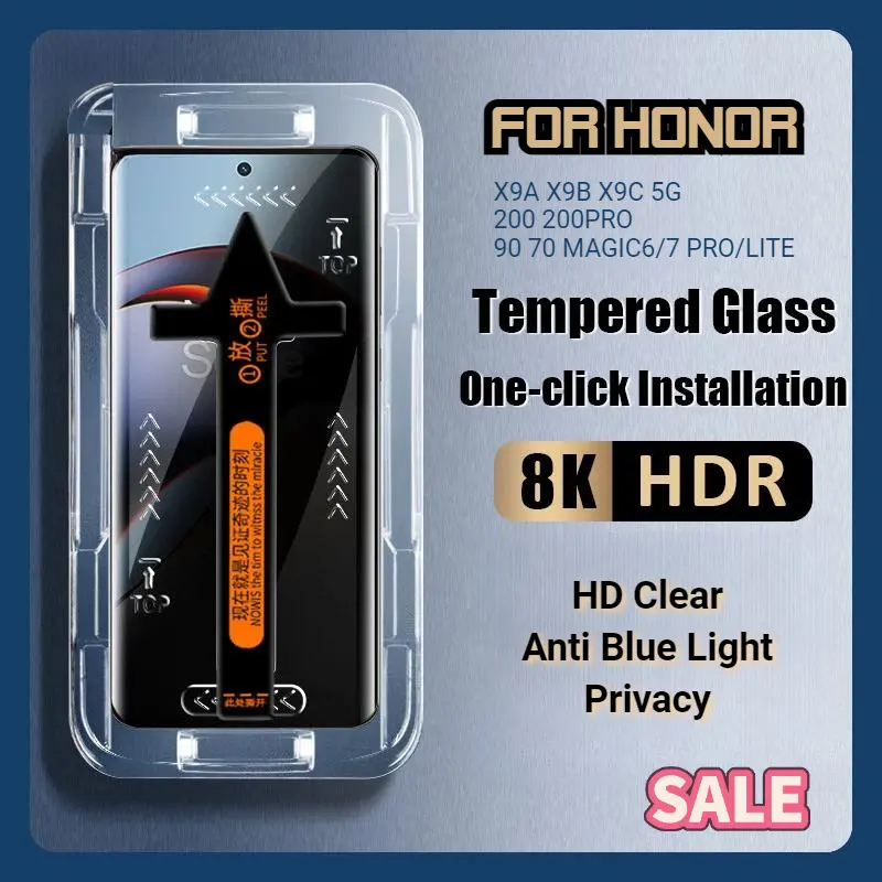 [SALE] HD Clear Privacy Anti-Blue Light Easy Install Tempered Glass For Honor X9c X9b X9a 5G Edge Glue Premium Curved Screen Protector For Honor 90 200 200Pro Magic 6 7 Pro Dust-Free Box Explosion-proof Film;