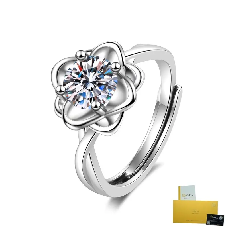 (with Gra Certificate)S925 Silver Flower Ring Luxury Pansy Shaped Moissanite White Ring