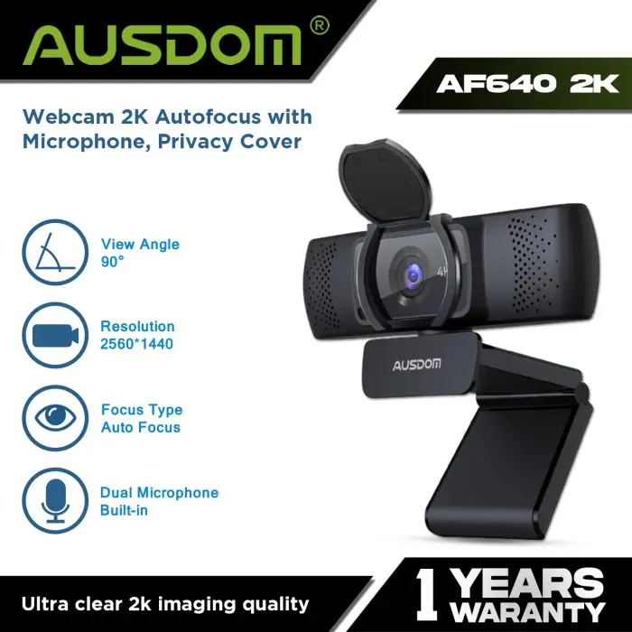 AUSDOM Webcam 2K Autofocus with Microphone, Privacy Cover - AF640 2K 0