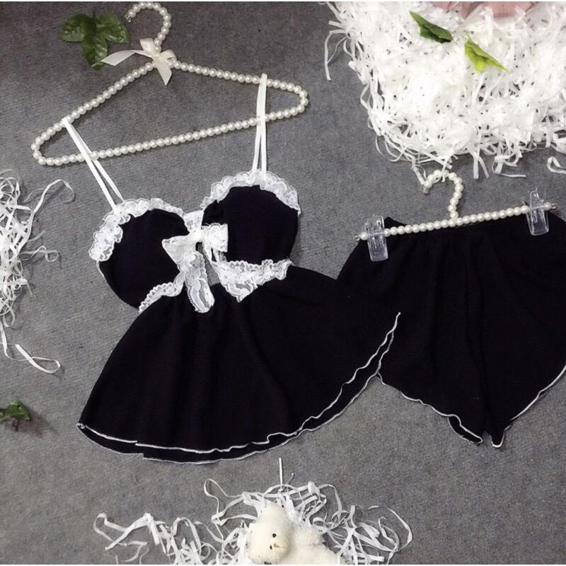 Bộ quần đùi áo hai dây vải voan xuyên thấu có mút Nữ Women Quần Ngủ