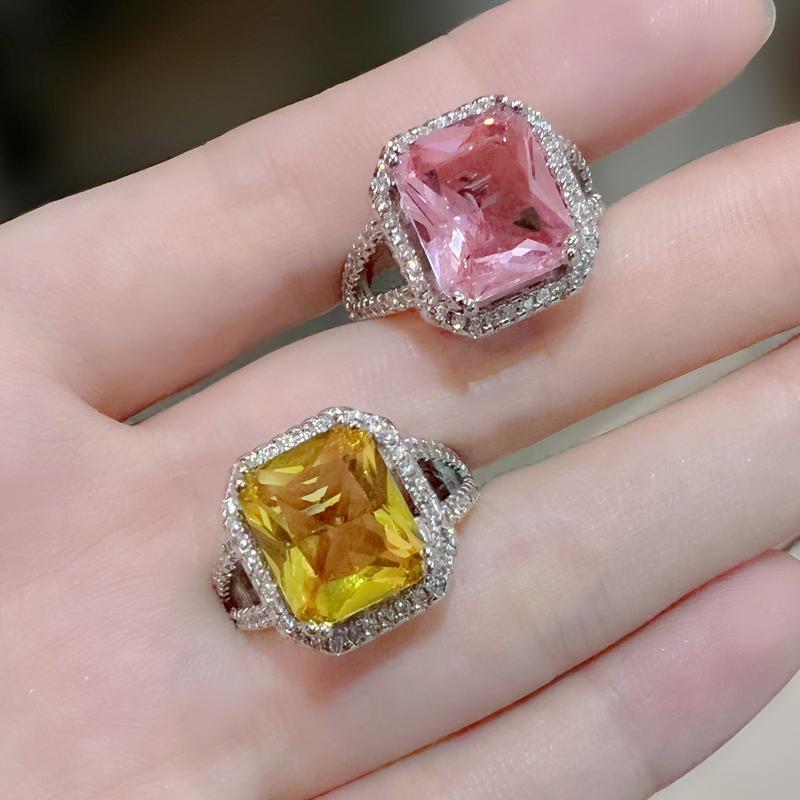 Product Introduction of Tik Tok Live Stream Rectangular Diamond Colored Gems Eardrops Stud Earrings Ring Hot Sale Square Pink Yellow Diamond Crystal Jewelry Suit sakuya  keychain gantungan  kunci bus  stop ganesha  keychain sonny  angel 5