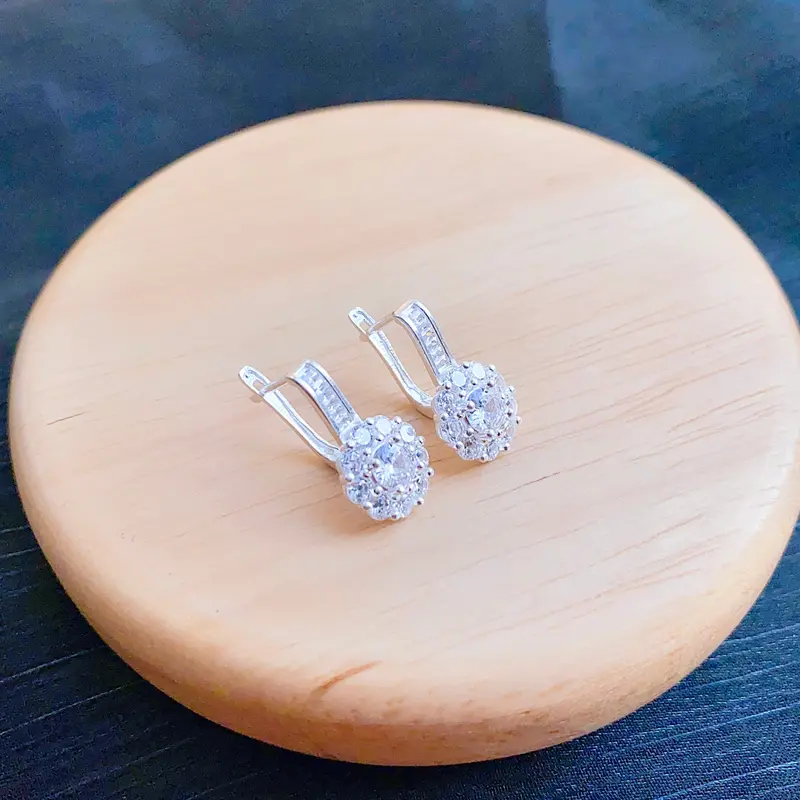 Bông tai Bạc kiểu bật Hình hoa viền 9 viên đá nhỏ chui đính đá dài - GSJ - E3109401 1