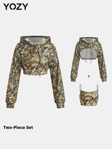 YOZY Women's Camo Print Crop Hoodie & Spaghetti Strap Crop Top Two-piece Set, Casual Fashion Long Sleeve Hooded Sweatshirt & Crop Top for Daily Outdoor Wear, Ladies Clothes for All Seasons