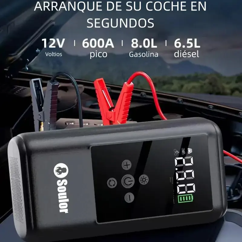Soulor Arrancador de batería 5 en 1, arrancador de coche de 1000 A/2000 A con bomba de aire de 150 PSI, inflador y desinflador digital de neumáticos, cargador portátil de batería para coche con puerto USB y luz LED para vehículos de gasolina, mante - Foto 5