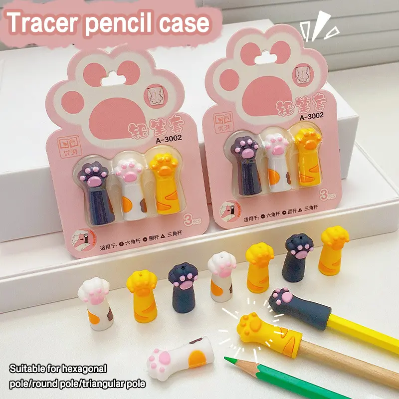 Penutup Pensel Kaki Kucing, Set 3Pcs, Pen Comel Atas Penutup Pen Penyumbat, Mata Jarum, Pelindung Silikon, Pemanjal Pensel, Perlengkapan Sekolah, [WRQ]