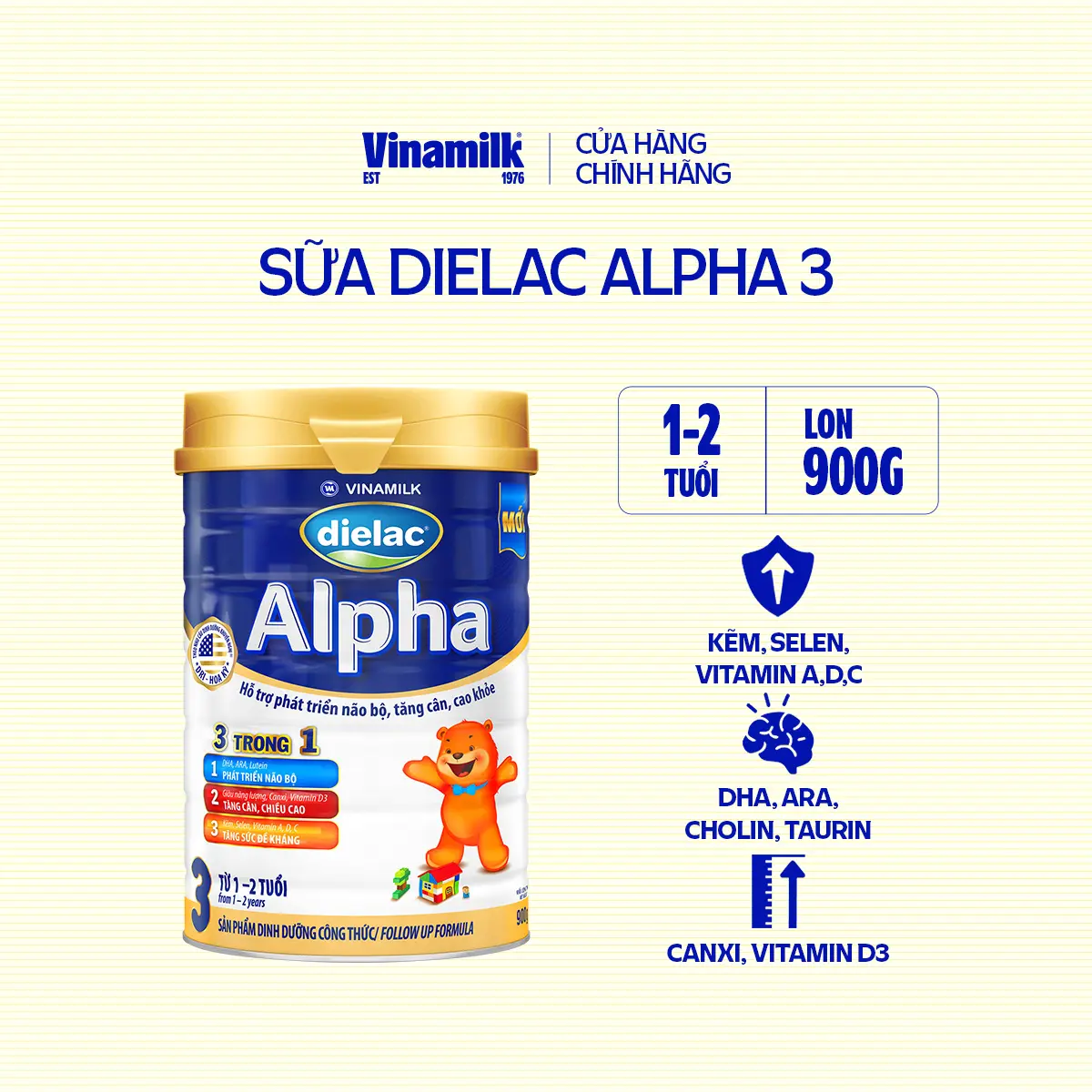 Sữa Bột Vinamilk Dielac Alpha 3 900g Hộp thiếc (Cho Trẻ Từ 1 - 2 Tuổi)