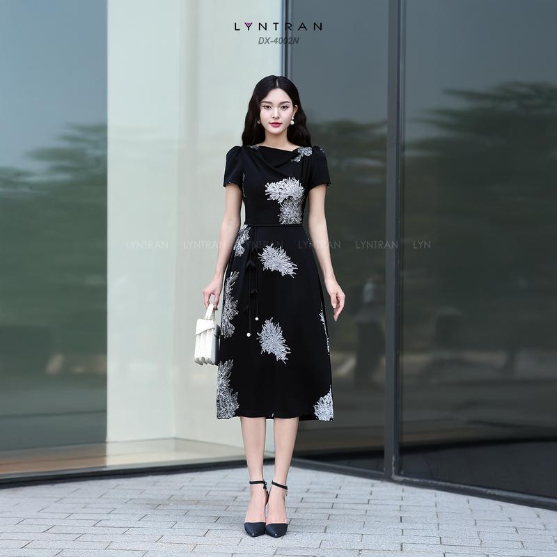 Đầm xòe họa tiết dự tiệc dáng xòe đầm midi dạo phố  ngắn tay LYNTRAN DX-4002N Nữ Women Dress Nữ Women Nữ Women Đen Trắng Màu Trắng 1