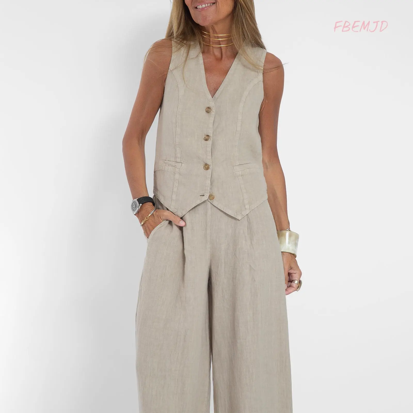 Women 2 Piece Outfits Solid Color Button Tank Tops and Wide Leg Pants Set Streetwear Aesthetic Clothes Casual Womenswear