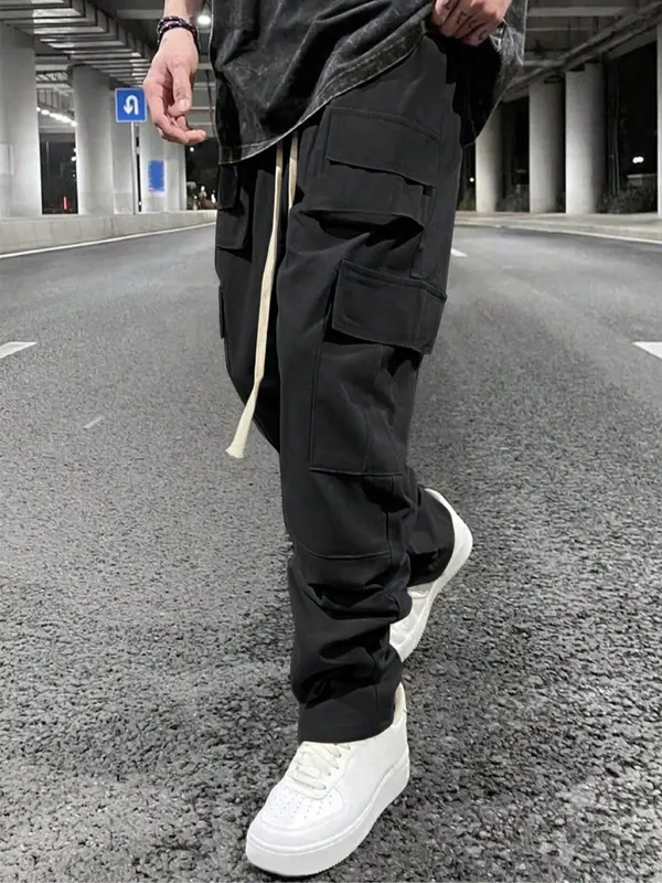 Men's Solid Drawstring Waist Cargo Pants, Street Fashion Casual Pocket Elastic Waist Trousers for Daily Wear, Men's Bottoms for All Seasons 4