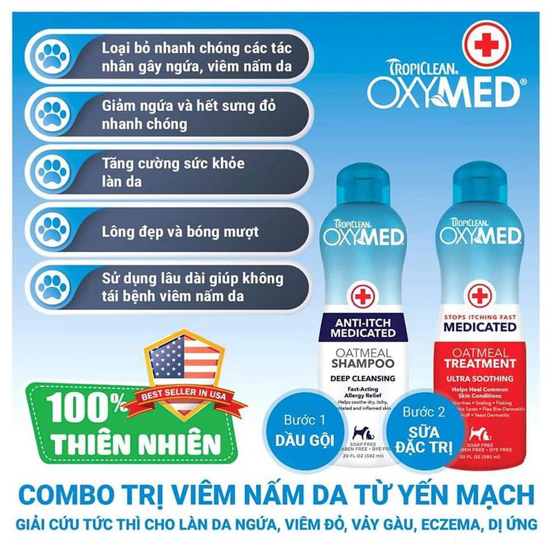 Sữa Tắm Đặc Trị Nấm Viêm Ngứa Da Chó Mèo TROPICLEAN OXYMED Anti-itch, Treatment 592ml 5