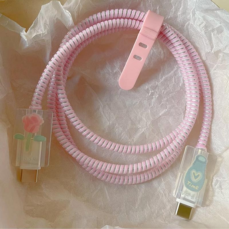 【COD】[Model Terbaru]Pita Pink Charger Protective Case Transparan Anti Folding Protective Case Cocok untuk IP