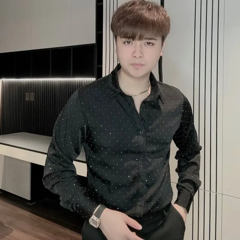 Áo Sơ mi Nam Đính Đá Luxury Vải lụa bóng mềm mịn  Menswear Cổ Tròn Sơ Mi sominam  dep Shirt 0