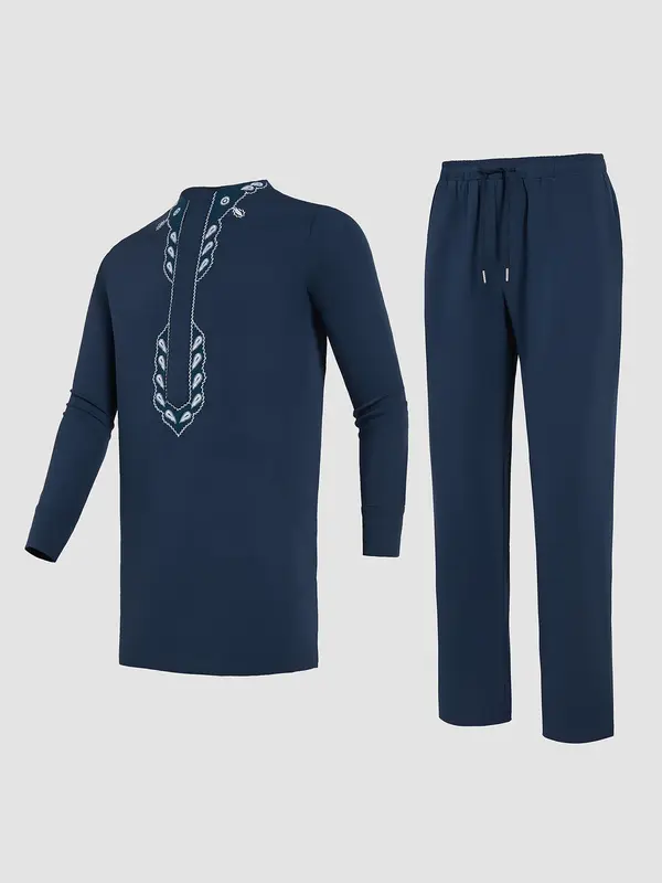 Two-Piece Set Men's Embroidery Trim Split Hem Top & Pants, Regular Fit Casual Long Sleeve Round Neck Top & Trousers for Daily Wear, Men's Clothing for All Seasons 2