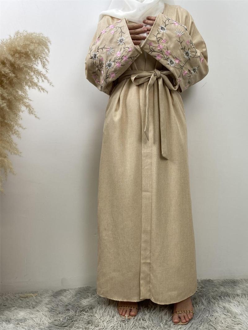 Product Introduction of Women's Floral Embroidery Long Sleeve Belted Abaya, Modest Casual Long Abaya Dress for Daily Wear, Women's Islamic Clothing for Spring & Fall 5