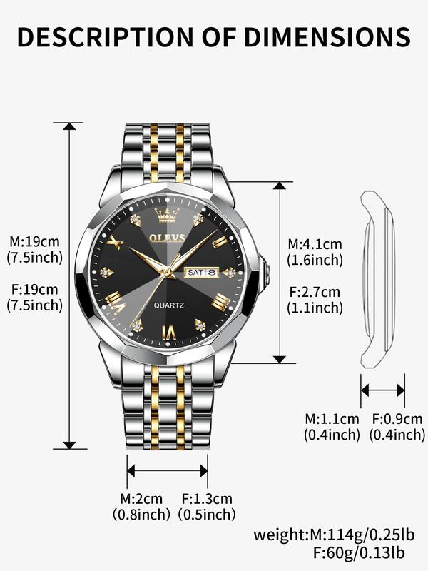 Round Dial Stainless Steel Strap Quartz Watch (2pcs), Couples Gifts, 2024 New Rhinestone Decor Waterproof Watch for Men & Women, Fashion Watch for Daily Life, Trendy All-match & Exquisite Watch for Birthday Gift, Unique Gifts for Women 4