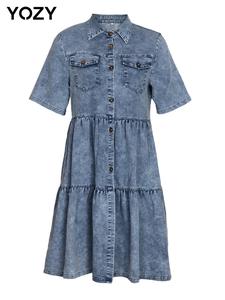 YOZY Women's Denim Button Denim Dress, Casual Short Sleeve Collar A Line Dress for Summer, Ladies Clothes for Daily Wear