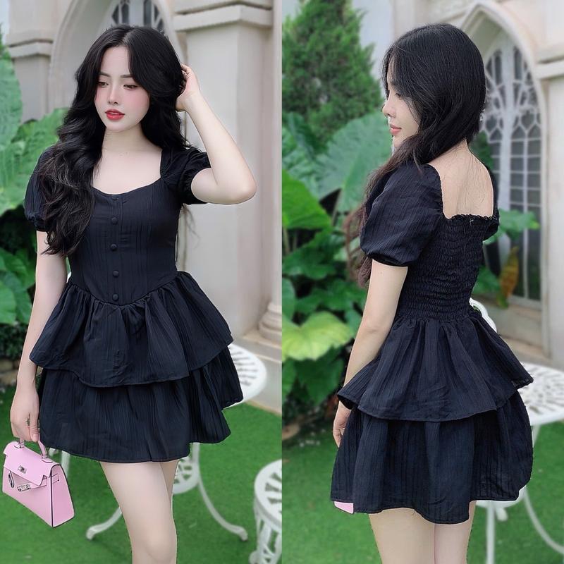 Váy  Dự Tiệc Có Mút Cổ Vuông Trễ Vai Tay Ngắn Vải Xốp Nhật Bigsize 50-100kg Nữ Dress Voan Đầm Women Đen - B.1304 5