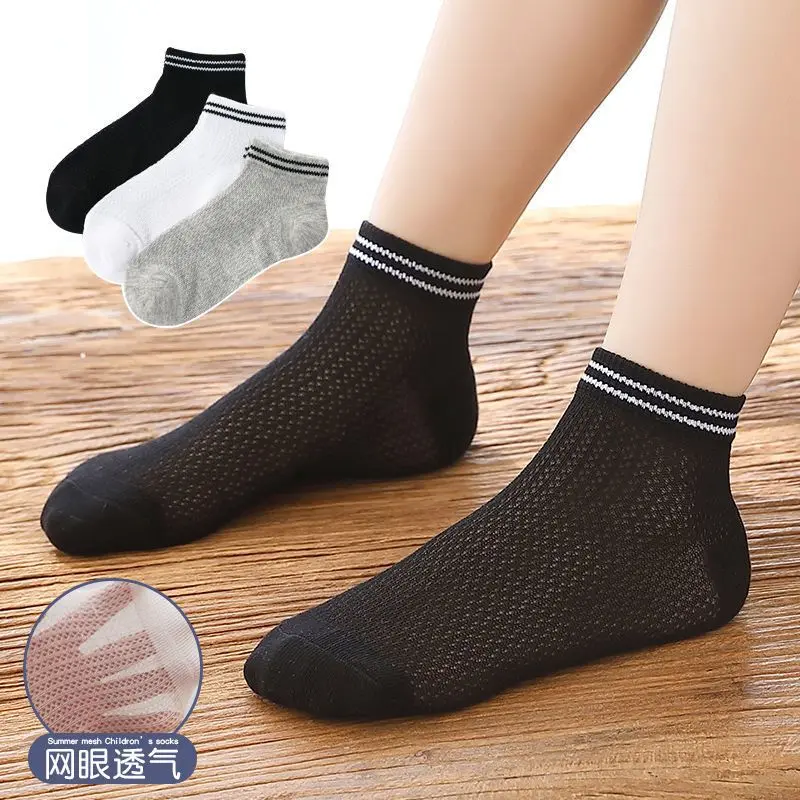 2025 Children's Socks Summer Ultra-Thin Mesh Breathable Sweat Absorbing Deodorant Medium and Large Children Boys Girls Solid Color Student Striped Socks