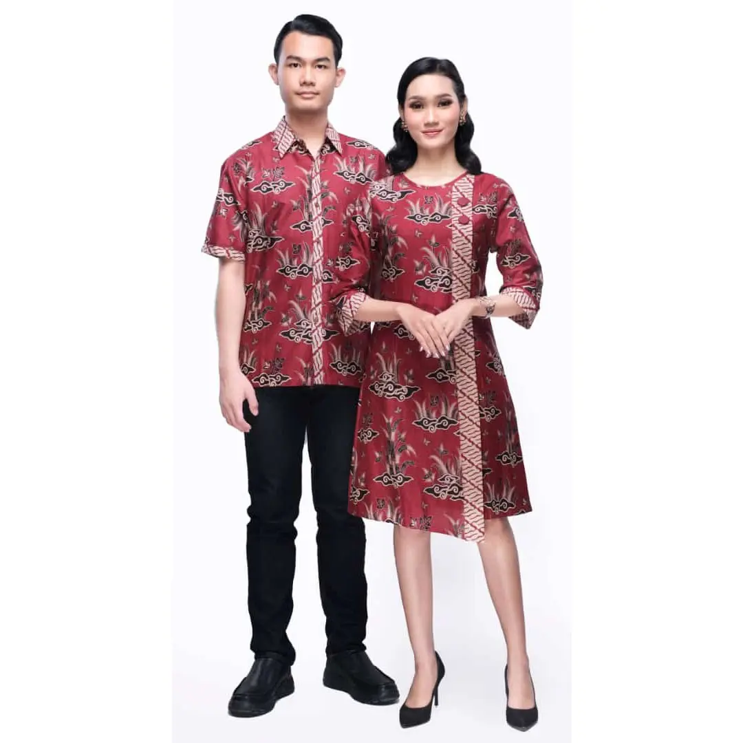 COD Set Pakaian Couple Dress Kemeja Batik Amora Merah