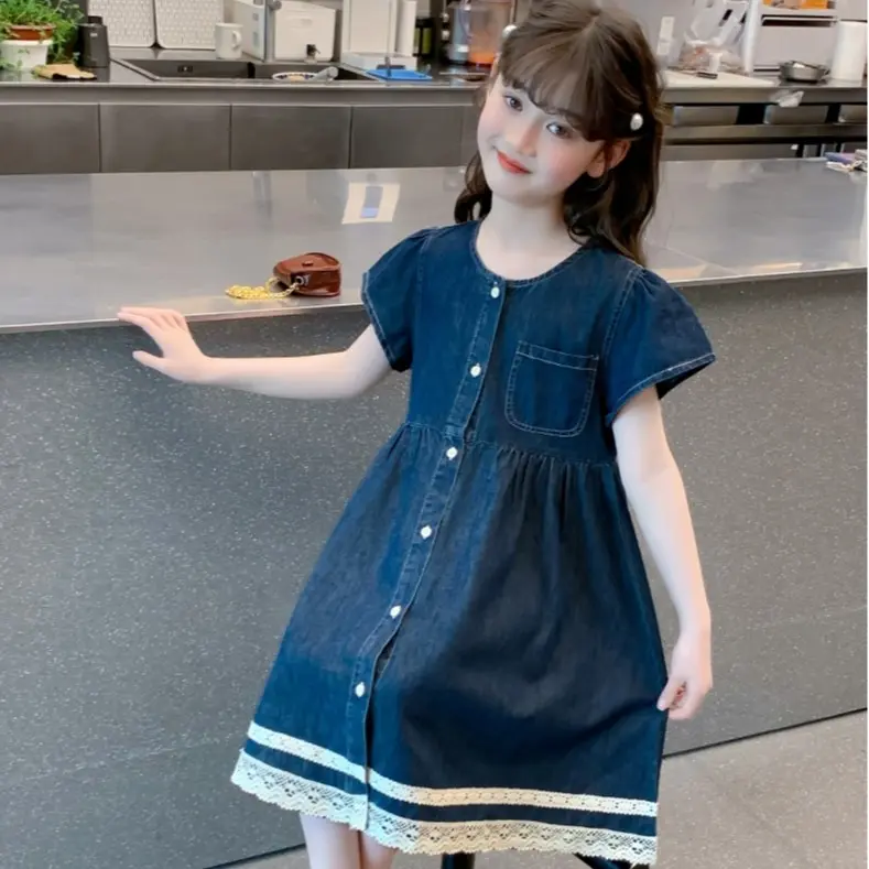 9-11 years Korean Style Girls' Denim Dress, Sweet Lace Denim Skirt, Stylish  Thin Denim Ski floral dress kids girl - TikTok Shop Philippines