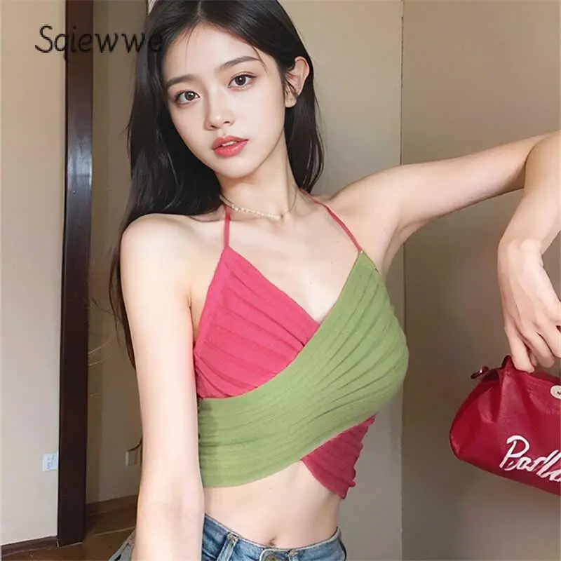 Women Crop Halter Tops Contrast Color Ruched Backless Shirts Summer Sleeveless Vest for Streetwear Aesthetic Clothes