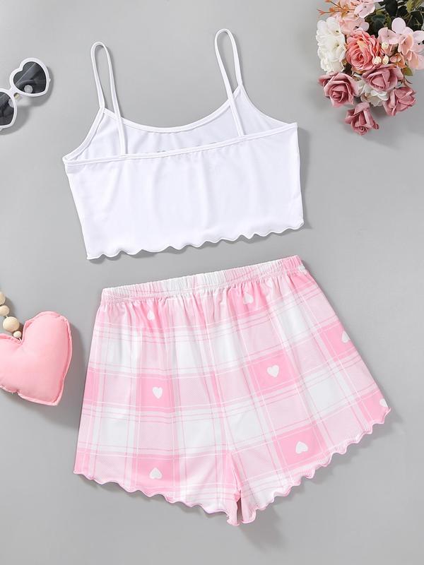 Two-Piece Set Women's Letter Print Lettuce Trim Pyjama Set, Cute Crop Cami Top & Plaid Print Bow Shorts, Women's Sleepwear Wear For Summer 1