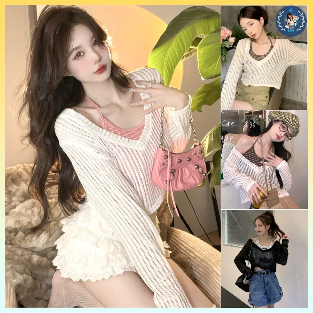 [A171] SET (2 MÓN) áo len LƯỚI kèm áo YẾM kẻ SỌC CỔ TIM Montoghi loại 1 thời trang xinh xắn - L2M
