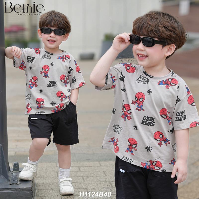  Bộ cộc tay Siêu nhân Người nhện bé trai áo ghi nổi bật Bernie - Bộ quần áo hè bé trai 9-24kg - Bộ Spiderman - H1124B40 
