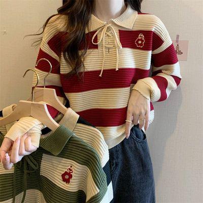💥[A096] Áo len thun nữ Montoghi hàng dệt kim cổ áo POLO kẻ sọc retro có DÂY RÚT CỔ và LOGO HOA đơn giản trẻ trung - L2M (Top nữ Women Nhung ) 【 hoa hồng 】 5