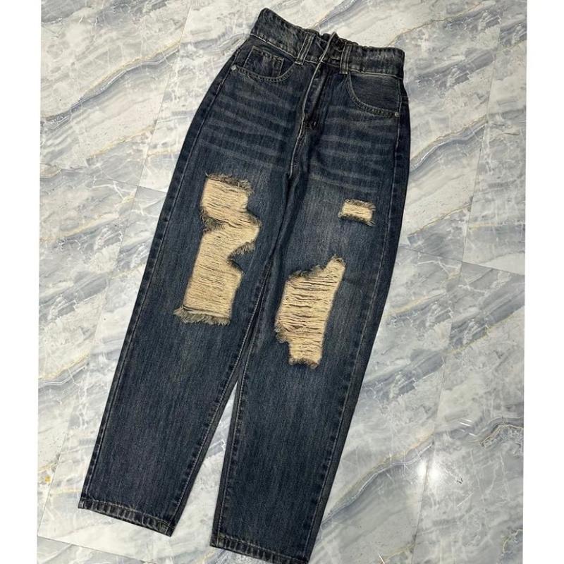 [01] Quần Jeans Baggy Lưng Chun 2 Khuy Rách 2 bên màu Bụi Có Túi Pants 2