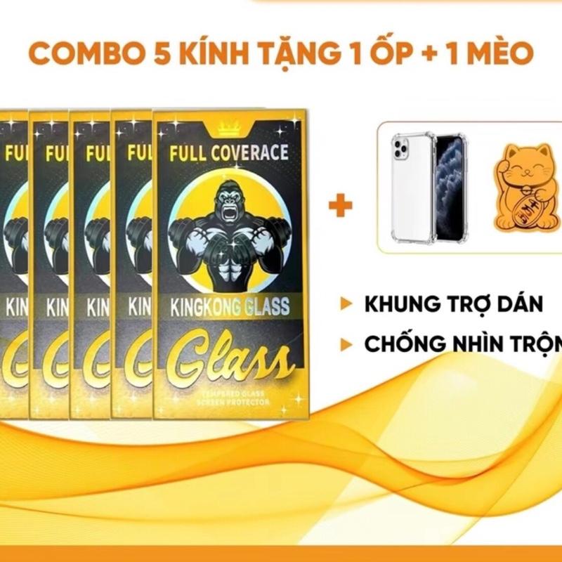 Combo 5 cường lực KingKong khung viền tự dán tặng mèo thần tài, 1 ốp bất kì