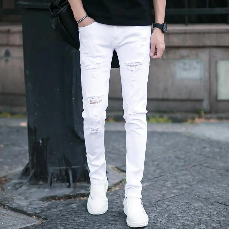 Summer Youth Business White Ripped Cropped Jeans for Men Slim Fit Skinny Pants Men's Hairstylist Korean Style Distressed Pants Sneaker