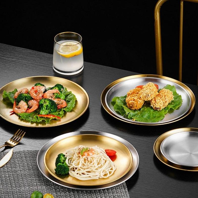 Stainless Steel Round Tray, 5 Counts/set Round Serving Tray, Dessert Serving Tray for Home Kitchen Party, Kitchen Accessories 3
