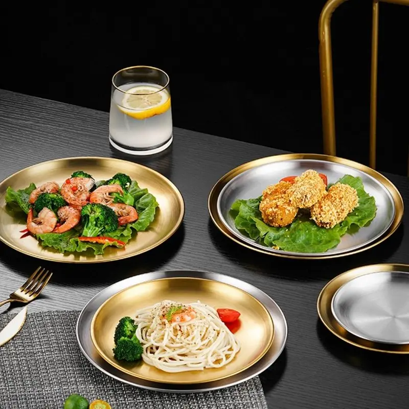 Stainless Steel Round Tray, 5 Counts/set Round Serving Tray, Dessert Serving Tray for Home Kitchen Party, Kitchen Accessories 3