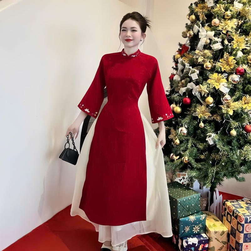 Set bộ áo dài tay lỡ cổ tròn thêu hoa chất nhung phù hợp cho các nàng đi chơi đi lễ Top Women 2