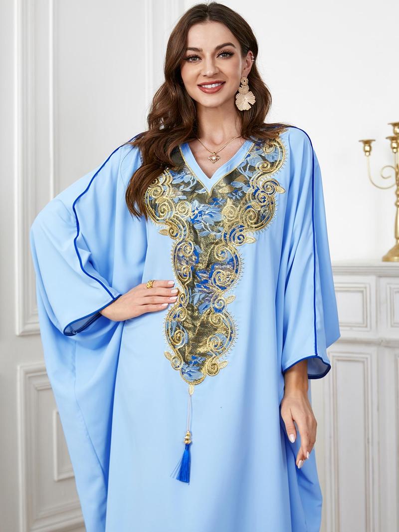 Product Introduction of Arabic Clothing- Women's Ethnic Pattern Embroidery Tassel Batwing Sleeve Kaftan, Elegant Long Sleeve V Neck Loose Dress for Spring & Fall, Ladies Islamic Clothing for Daily Wear 11