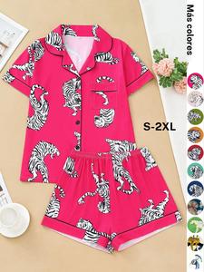 Conjunto de pijama para mujer con estampado de tigre y bolsillo, conjunto de pijama suave con cuello con solapa, top de manga corta y shorts, ropa de dormir para mujer, atuendos de verano 2024
