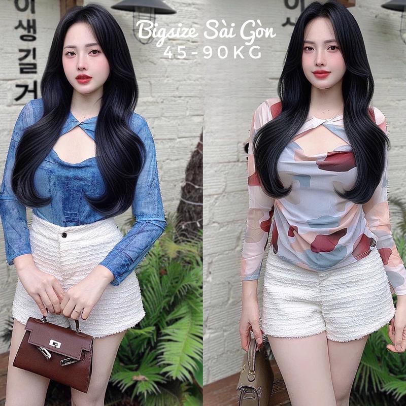 Xả Kho Thời Trang Bigsize Áo Thun Vải Bo Gân 50 - 100Kg Dễ Thương Top Nữ Cổ Tròn Women Bò Xanh - B.1296