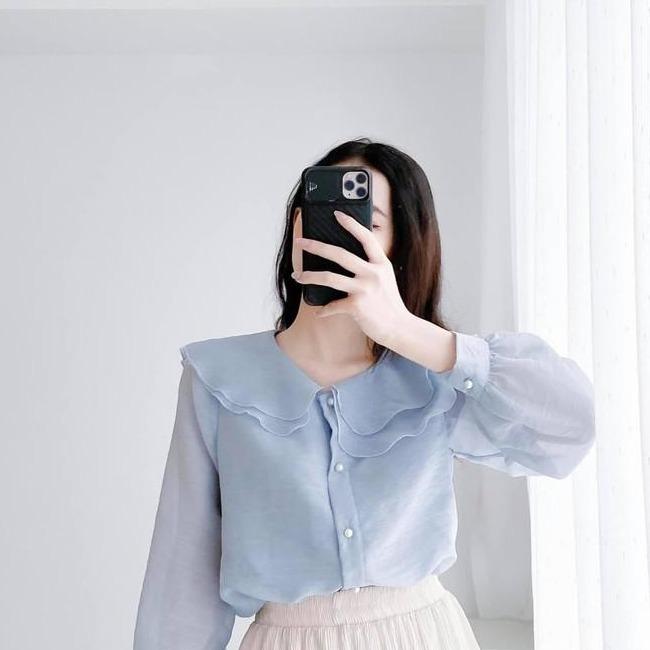 Áo sơ mi dài tay cúc ngọc tơ xước cổ sen nằm 2 lá hàng 2 lớp - áo sơ mi công sở nữ 007